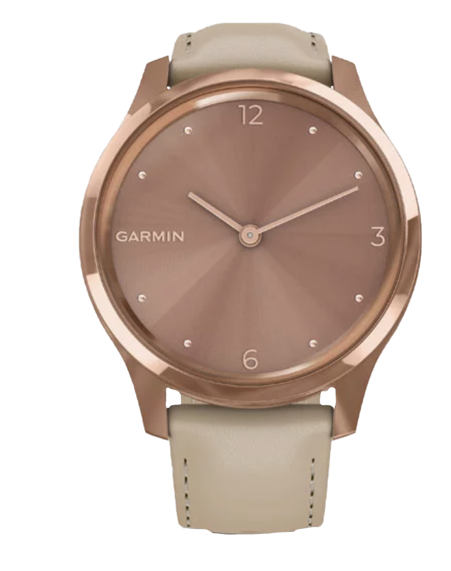 Garmin Vívomove Luxe - Caja de acero inoxidable con PVD en oro rosa de 18 quilates y correa de piel italiana color arena claro (010-02241-01)