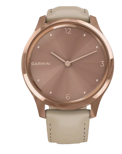 Garmin Vívomove Luxe - Caja de acero inoxidable con PVD en oro rosa de 18 quilates y correa de piel italiana color arena claro (010-02241-01)