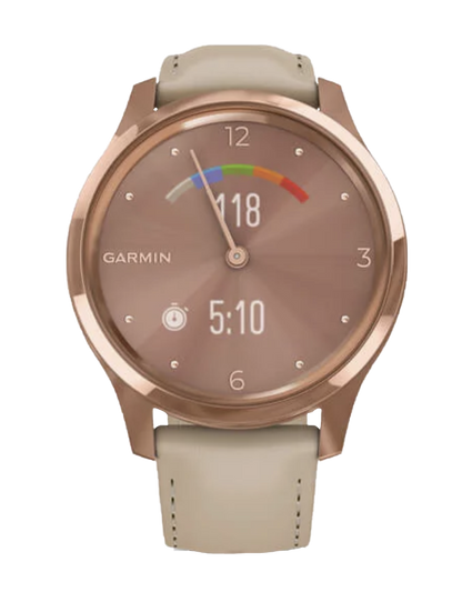 Garmin Vívomove Luxe - Caja de acero inoxidable con PVD en oro rosa de 18 quilates y correa de piel italiana color arena claro (010-02241-01)