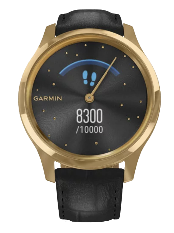 Garmin Vívomove Luxe - Caja de acero inoxidable con PVD en oro de 24 quilates y correa de piel italiana con relieve negro (010-02241-02)