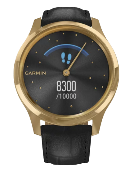 Garmin Vívomove Luxe - Caja de acero inoxidable con PVD en oro de 24 quilates y correa de piel italiana con relieve negro (010-02241-02)