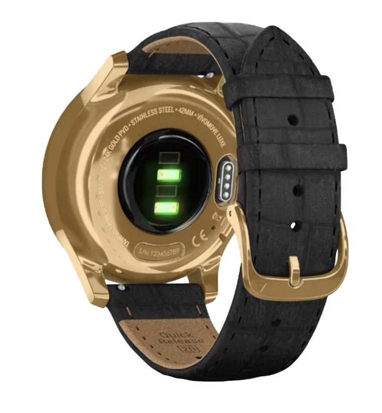 Garmin Vívomove Luxe - Caja de acero inoxidable con PVD en oro de 24 quilates y correa de piel italiana con relieve negro (010-02241-02)