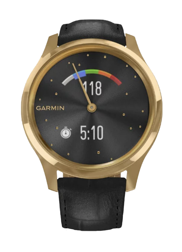 Garmin Vívomove Luxe - Caja de acero inoxidable con PVD en oro de 24 quilates y correa de piel italiana con relieve negro (010-02241-02)