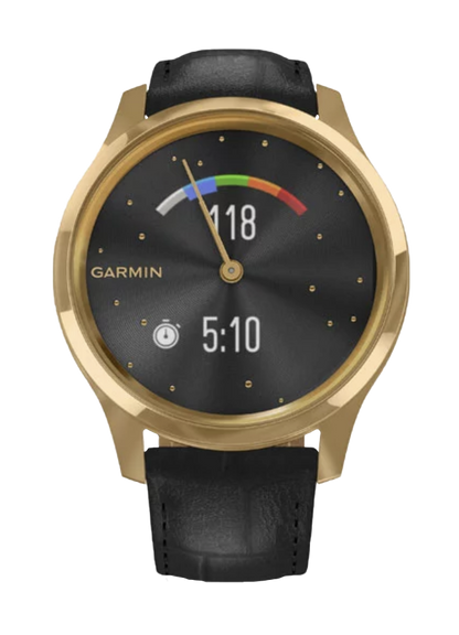 Garmin Vívomove Luxe - Caja de acero inoxidable con PVD en oro de 24 quilates y correa de piel italiana con relieve negro (010-02241-02)